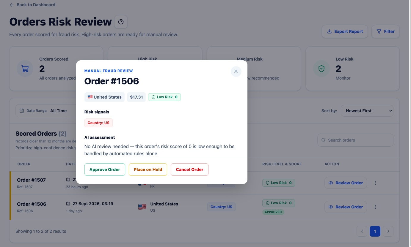 The review panel with risk signals and the three actions