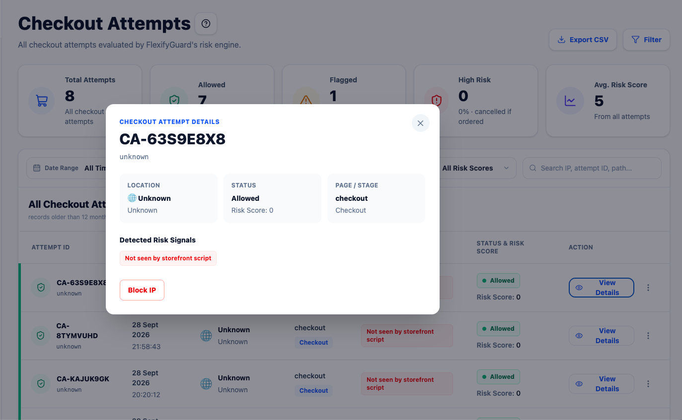 An attempt opened: location, status, page and detected signals