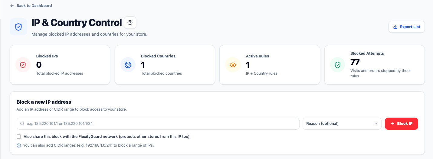 The Block a new IP address form; add a reason and click Block IP